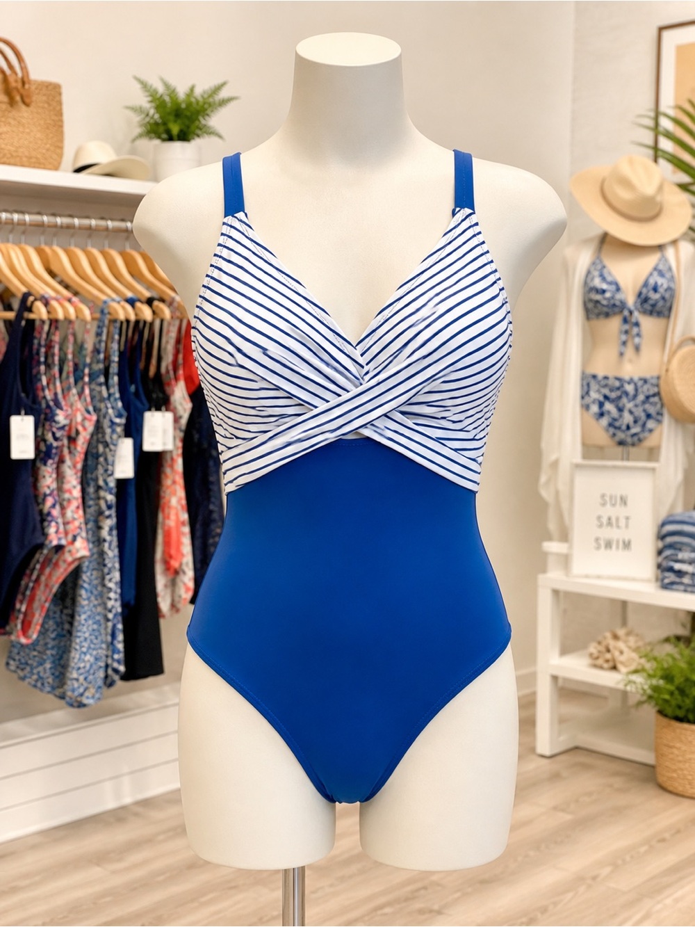 Women’s Teal Striped Cross Front One Piece Swimsuit, Size Large, NWOT